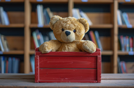A brown teddy bear seated on a wooden table.の素材