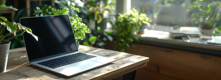 A laptop computer placed on top of a wooden table.の素材