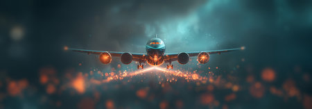 A large commercial jetliner soaring through a sky filled with fluffy white clouds on a cloudy day.の素材