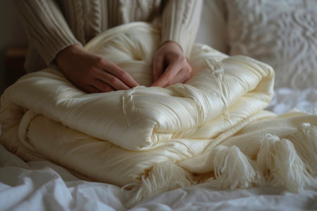 A person is neatly arranging a blanket on top of a bed, smoothing out the fabric to ensure a comfortable and tidy appearance.の素材