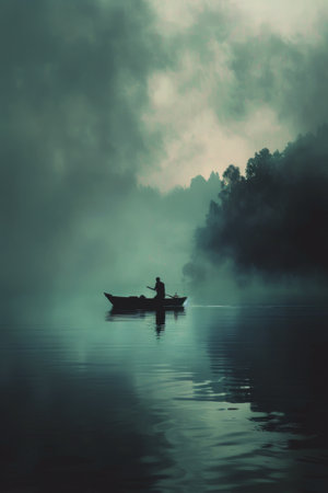 A person is seen rowing a boat on a body of water, surrounded by nature.の素材