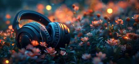 A pair of headphones resting on a vibrant green field, surrounded by lush grass and nature.の素材
