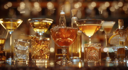 Various types of cocktails neatly lined up on a table, ready to be served to guests at a party or event.の素材