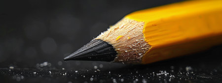 A detailed view of a pencil placed on a black surface, highlighting its tip and texture.の素材