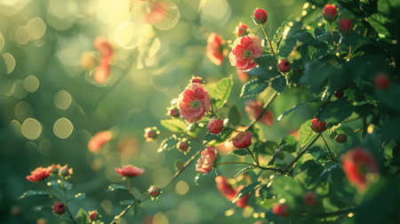 A cluster of vibrant red berries growing on a bush in a natural setting.の素材