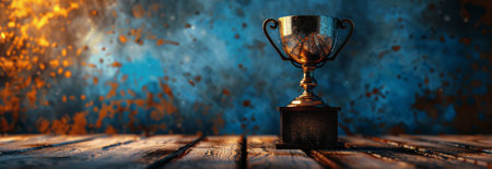 A golden trophy is positioned on top of a wooden table, showing its shine and elegance.の素材