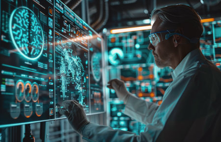 A man in a white lab coat is focused on studying data displayed on a computer screen in a laboratory setting.の素材