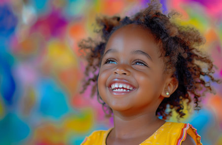 A young girl joyfully smiles while looking directly at the camera.の素材