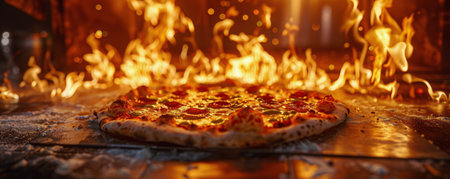 A pizza rests on a table engulfed in flames, creating a dramatic scene.の素材
