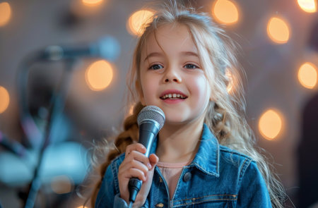 A young girl enthusiastically singing into a microphone on stage, showing her passion for music and performing.の素材