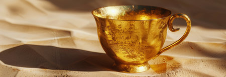 A golden cup is positioned on a table in a well-lit room.の素材