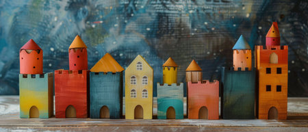 Various wooden toys arranged neatly on a wooden table, showing different shapes and colors.の素材