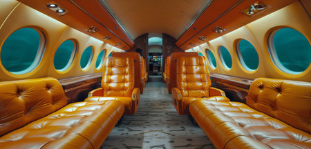 Inside an airplane featuring comfortable leather seats, ready for passengers to enjoy their flight.の素材