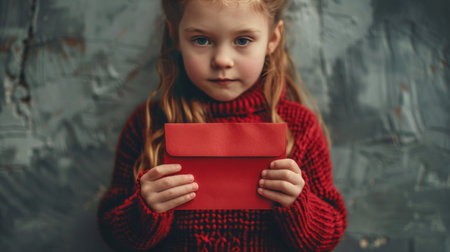 A young girl holding a bright red piece of paper in her hands.の素材