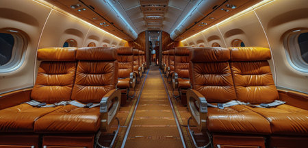 The interior of an airplane featuring green leather seats, providing a comfortable and stylish seating arrangement for passengers during the flight.の素材