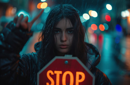 A woman stands in the street with a stop sign resting on her head.の素材