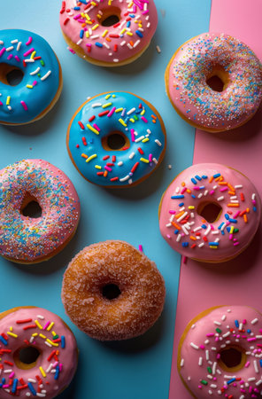 Assorted donuts topped with colorful sprinkles arranged on a blue and pink background.の素材
