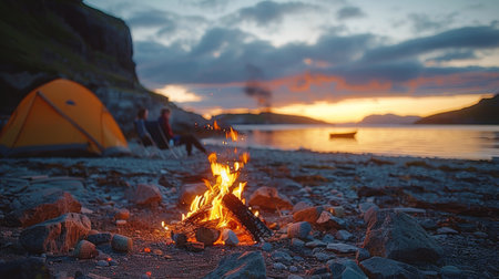 A campfire burns in front of a tent in the wilderness.の素材