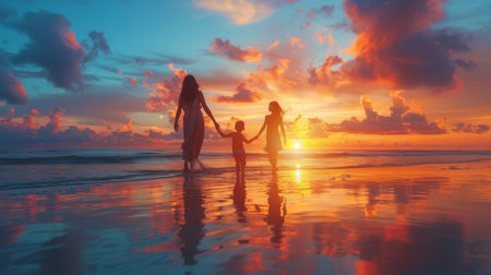 A family, consisting of parents and children, strolling along the sandy beach as the sun sets in the background.の素材
