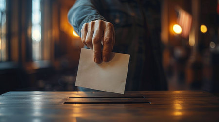 A person is placing a voting card into a ballot box during an election.の素材