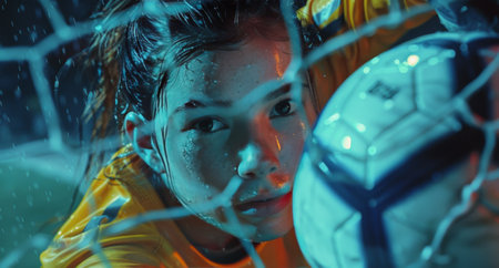 A woman is standing behind a soccer net, holding a soccer ball in her hands.の素材