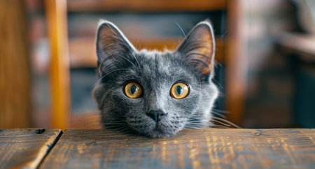 A gray cat with striking yellow eyes lounges on a rustic wooden table, exuding comfort and relaxation.の素材