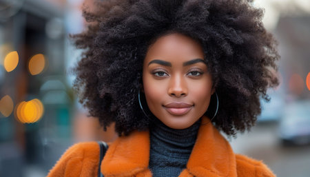 A close-up view of a person with a thick afro hairstyle, highlighting their natural hair texture and volume.の素材