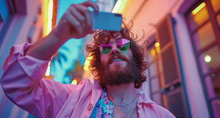 A man with sunglasses on taking a selfie using his smartphone.の素材