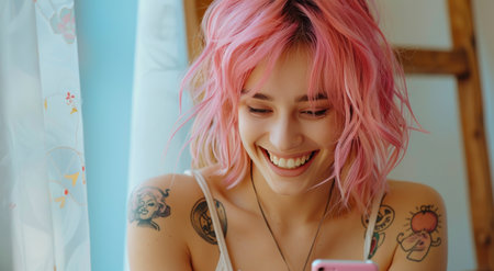 A woman with vibrant pink hair is focused on her cell phone screen, engrossed in what she sees.の素材