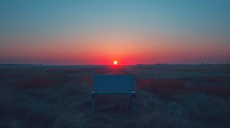 A small red building stands alone in the middle of a vast field, under a clear blue sky.の素材