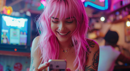 A woman with vibrant pink hair is attentively looking at her cell phone screen.の素材