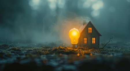 A small house sits atop a lush green field filled with grass, under a clear sky.の素材