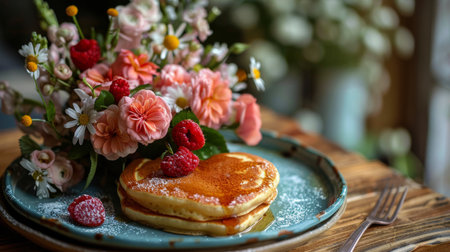 A blue plate holds a stack of pancakes topped with a generous dusting of powdered sugar.の素材