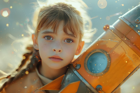 A young girl holds a small wooden rocket ship model in her hands.の素材