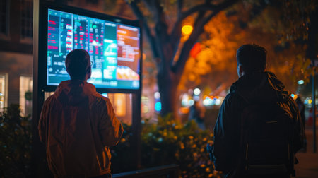 Two men are seated in front of a computer screen, focusing on its content.の素材