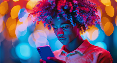 A man with a mohawk hairstyle is actively using a cell phone.の素材