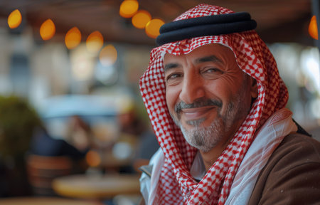 A man wearing a red and white checkered headdress.の素材