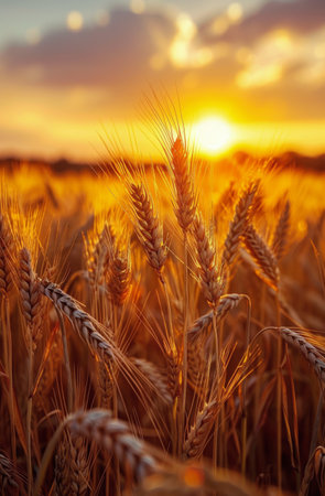 A field of ripe wheat under a setting sun in the background, creating a warm, golden glow over the landscape.の素材