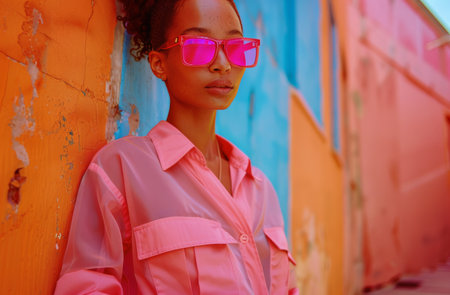 A woman wearing pink shorts and a pink shirt stands in a casual pose.の素材