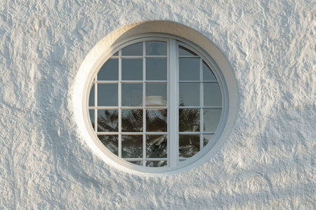 A potted plant is placed beside a mirror that is mounted on a wall, creating a simple and modern decor.の素材