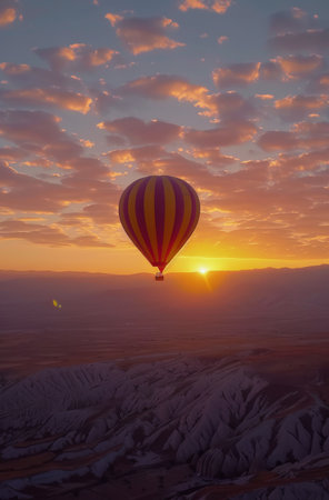 A hot air balloon gracefully drifts through the sky with a stunning mountain range below it.の素材