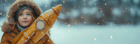 A young girl holds a small wooden rocket ship model in her hands.の素材
