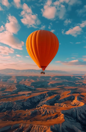 A hot air balloon ascends above a vast desert landscape, showing the contrast between the colorful balloon and the arid terrain below.の素材