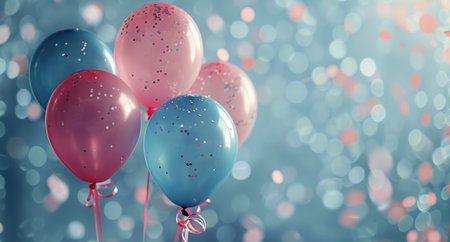 Several colorful balloons ascend in the sky, carried by the wind.の素材