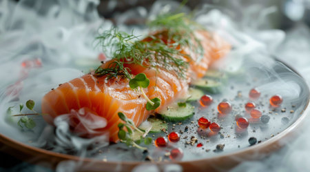 A plate of food emitting a large amount of smoke, likely from being freshly cooked or grilled.の素材