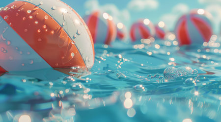 An orange and white ball floats calmly on the surface of a pool of water.の素材