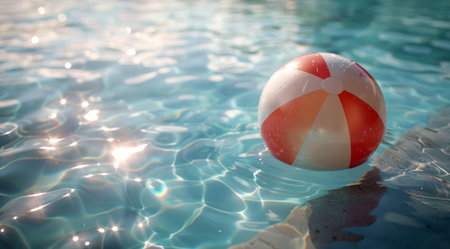An orange and white ball floats on the surface of a clear pool of water, creating ripples on the tranquil surface.の素材