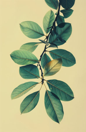 Detailed view of a tree branch covered in fresh green leaves, showing the vibrant colors of nature up close.の素材