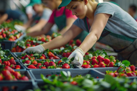 A woman is carefully picking ripe strawberries from trays at a farm on a sunny day.の素材