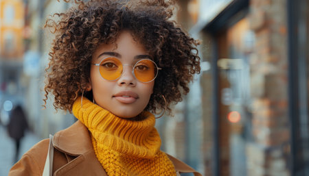 A woman wearing yellow sunglasses and holding a red bag.の素材